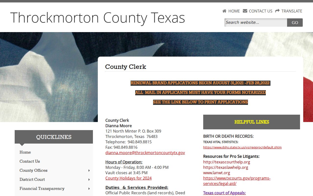 Throckmorton County bench warrant records county clerk contact page