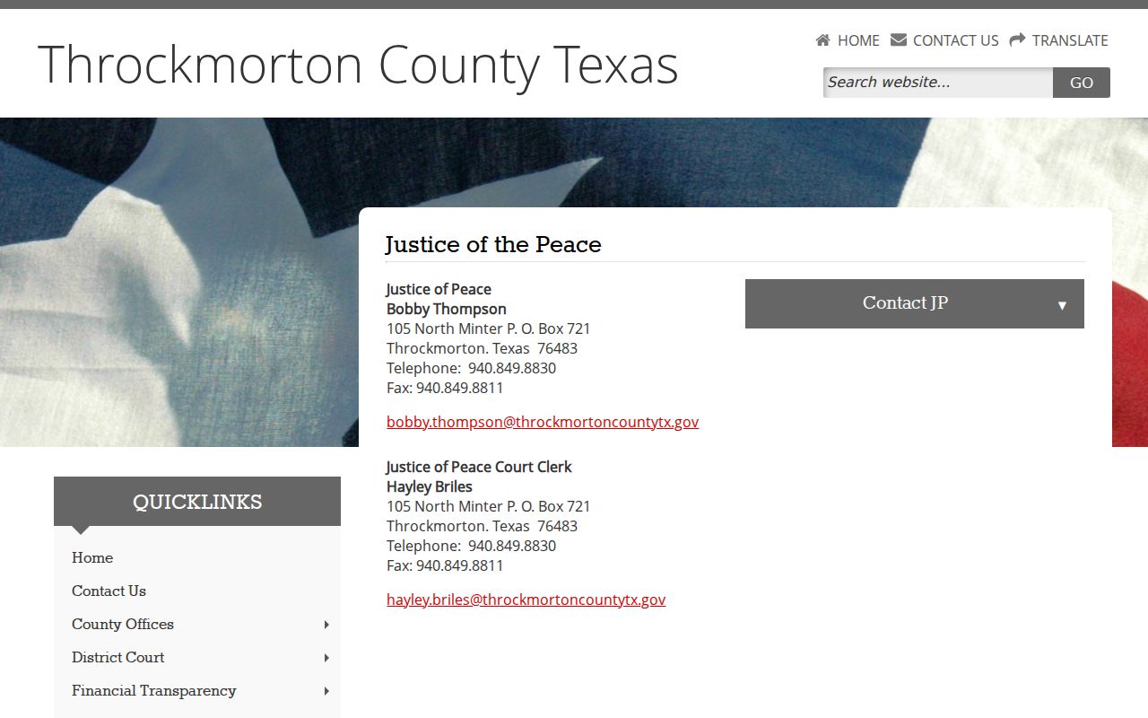 Throckmorton County bench warrant records Justice of the Peace contact page