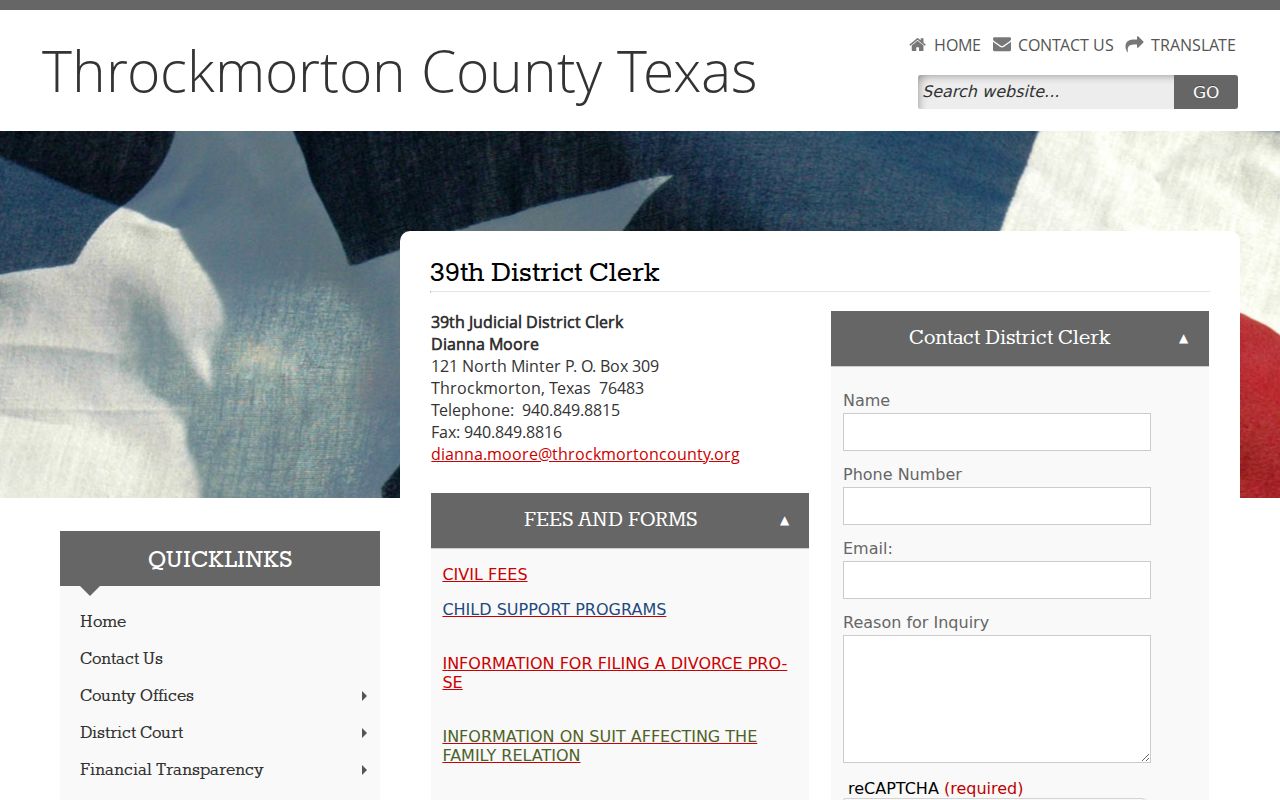 Throckmorton County arrest warrant records District Clerk office page